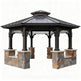Hexagonal gazebo with stone base on a white background
