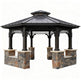 Hexagonal gazebo with stone foundation on a white background