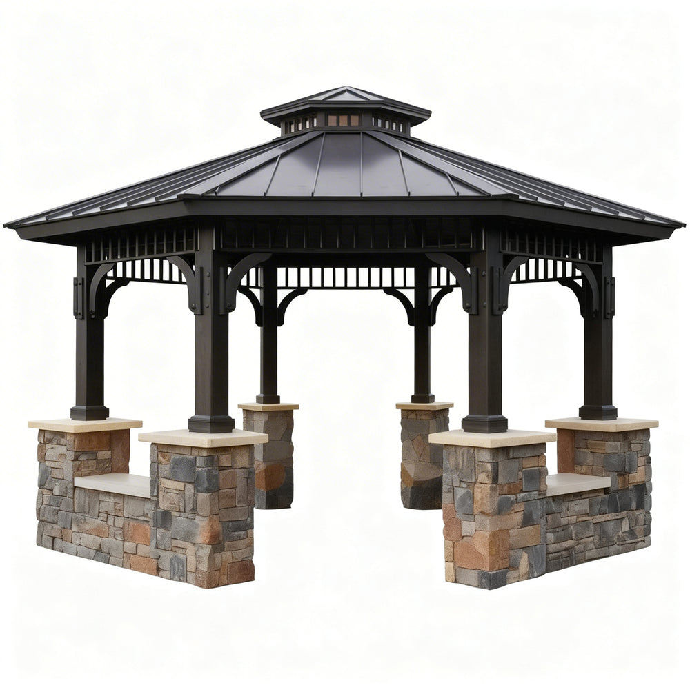 Hexagonal gazebo with stone foundation on a white background