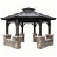 Hexagonal gazebo with stone foundation on a white background