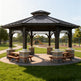 Luxury outdoor gazebo featuring stone pillars, metal roof, and circular firepit seating area