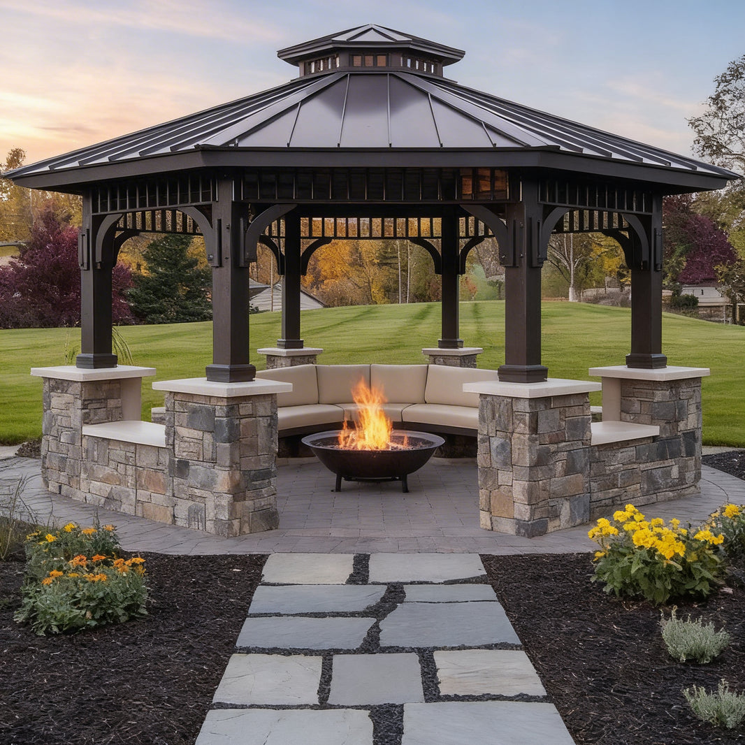 Gazebo with stone walls, fire pit, and seating area in a garden setting.