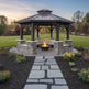 Gazebo with fire pit in a garden setting