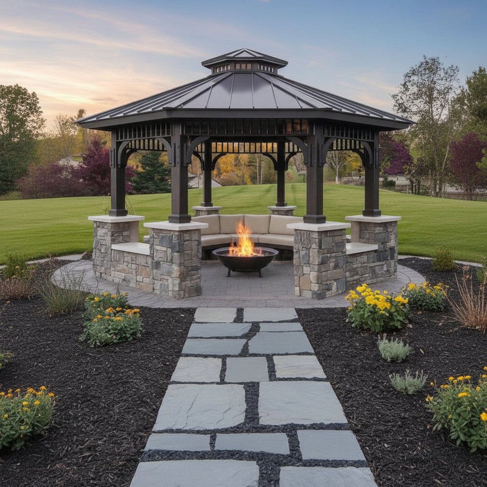 Gazebo with fire pit in a garden setting
