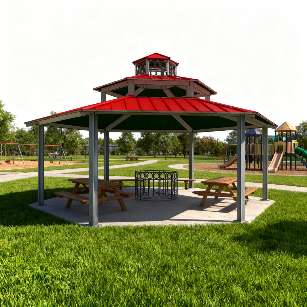 Front view of three‑tier hexagon gazebo showing vented roof and steel railing