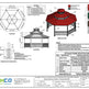 Technical specification sheet and design drawing for a triangular metal outdoor shelter by Taimco Metal Works Inc., showing roof plan, elevation, cross-section, color options, and detailed frame specifications.