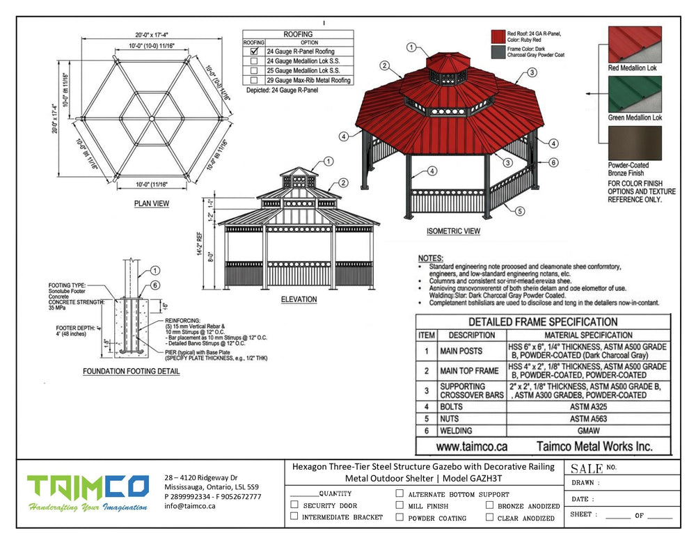 Technical specification sheet and design drawing for a triangular metal outdoor shelter by Taimco Metal Works Inc., showing roof plan, elevation, cross-section, color options, and detailed frame specifications.