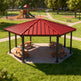 Three‑quarter view of octagon one‑tier gazebo with steel frame and hip‑style roof