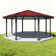 Hexagonal gazebo with a red roof on a white background