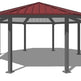 Outdoor architectural gazebo with red metal roof and octagonal steel frame.