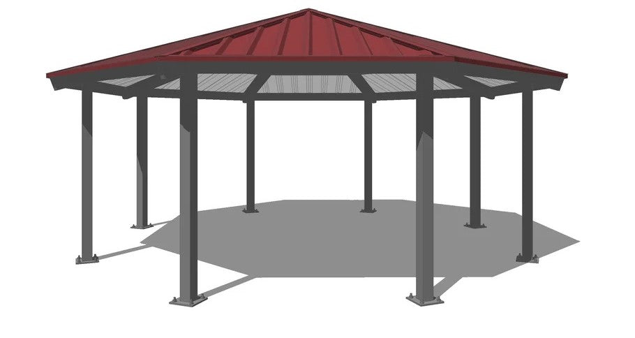 Outdoor architectural gazebo with red metal roof and octagonal steel frame.