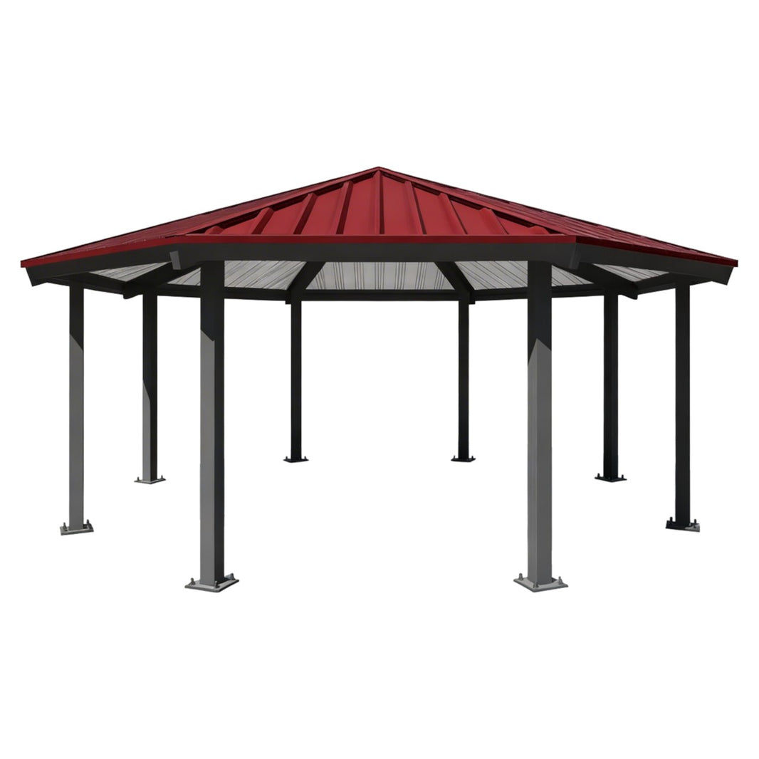 Octagon one‑tier steel gazebo with red metal roof and eight vertical support columns