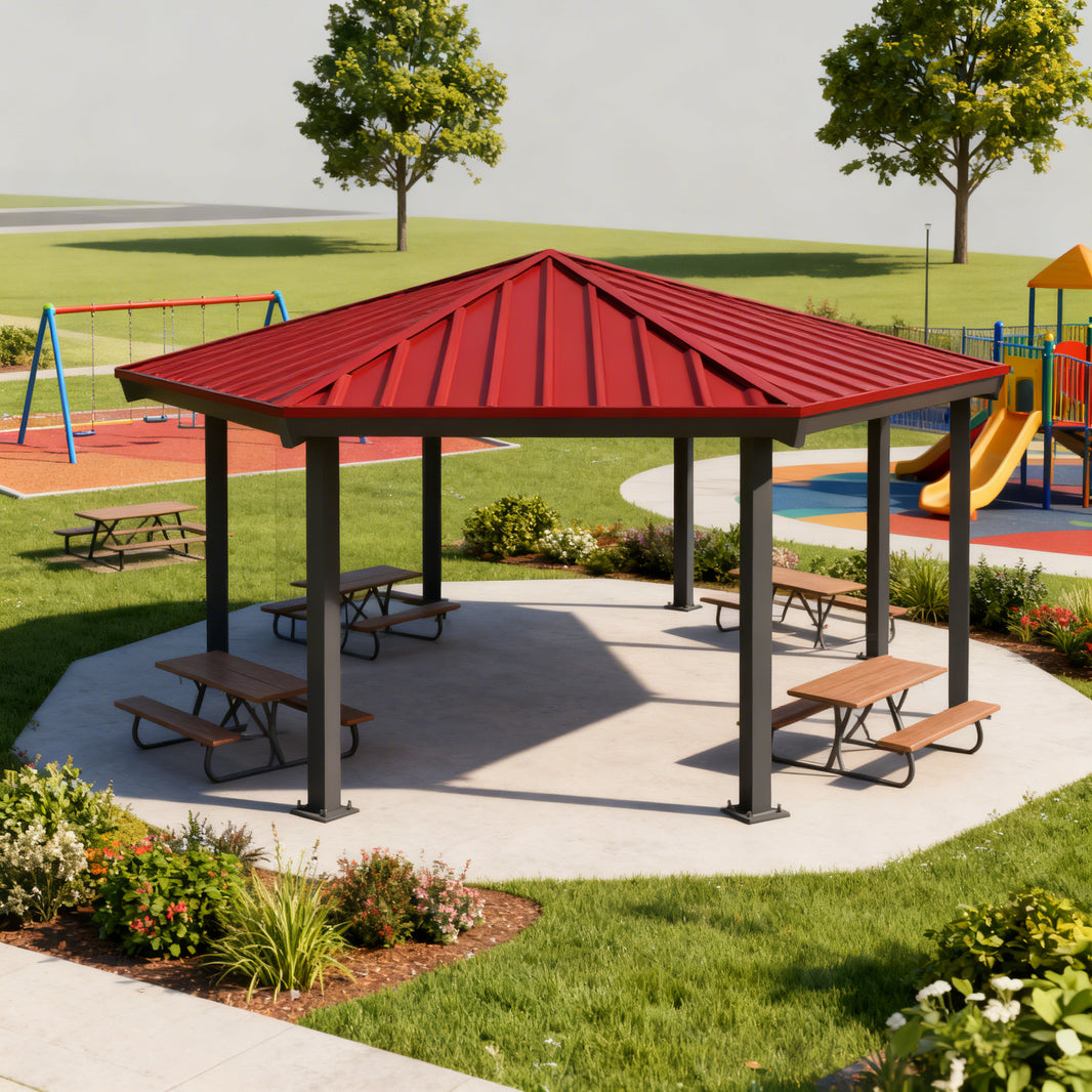 Front view of octagon steel gazebo featuring sloped red roof and open‑air design
