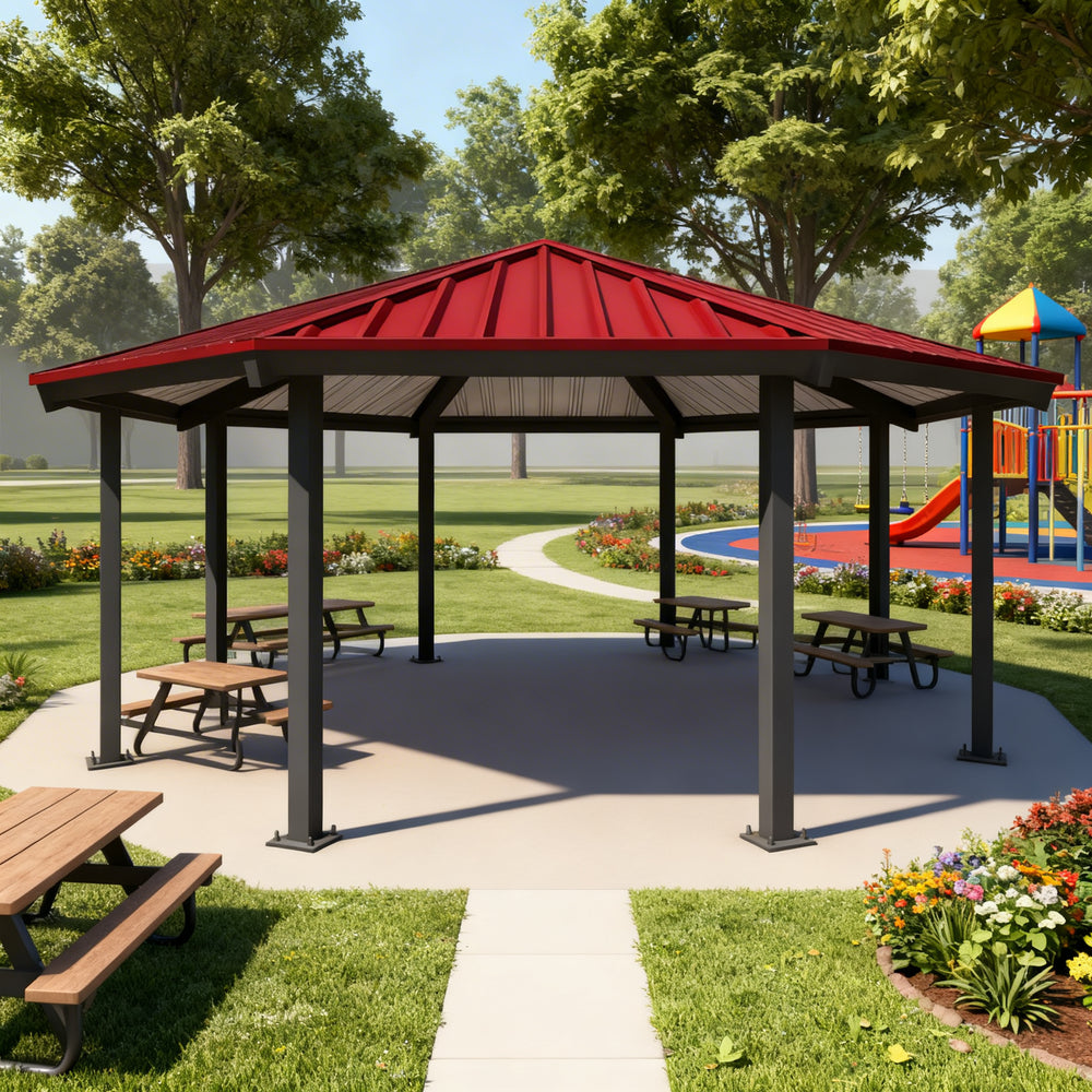 Side angle of octagon metal gazebo with recessed roof and powder‑coated steel frame