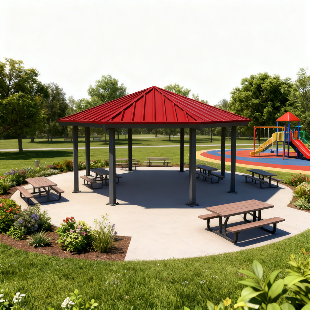 Close‑up of steel roof panels and support posts on octagon one‑tier gazebo