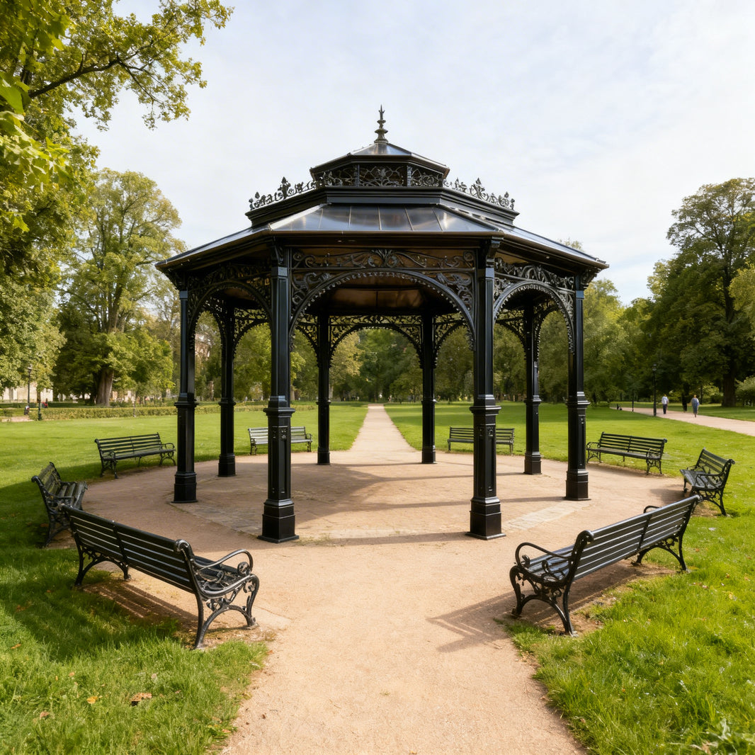 Front view of decorative wrought‑iron gazebo with multi‑layer roof and eight columns