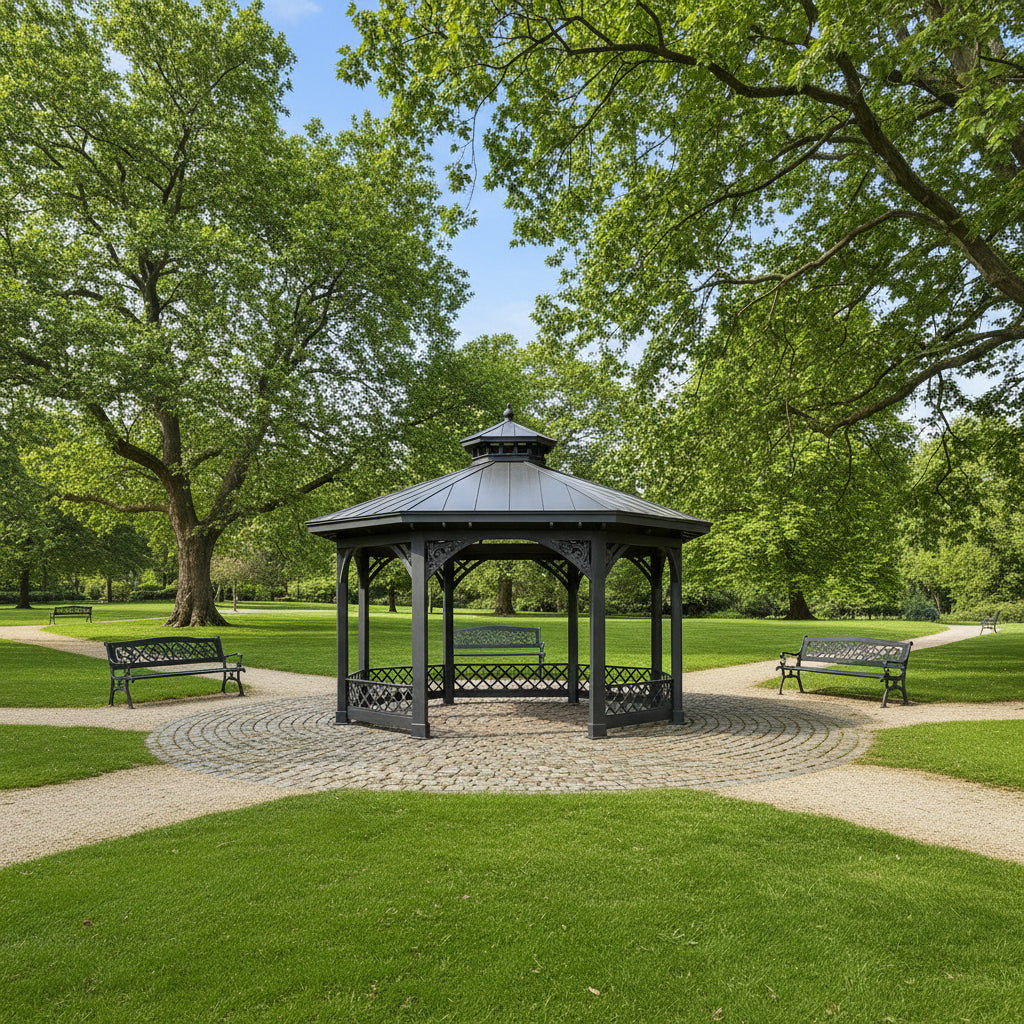 Front view of ornamental octagon gazebo featuring decorative metal scrollwork and two‑tier roof
