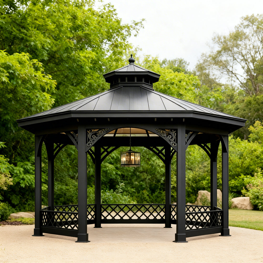 Octagon Two‑Tier Decorative Steel Gazebo with Scrollwork, Lattice Rail