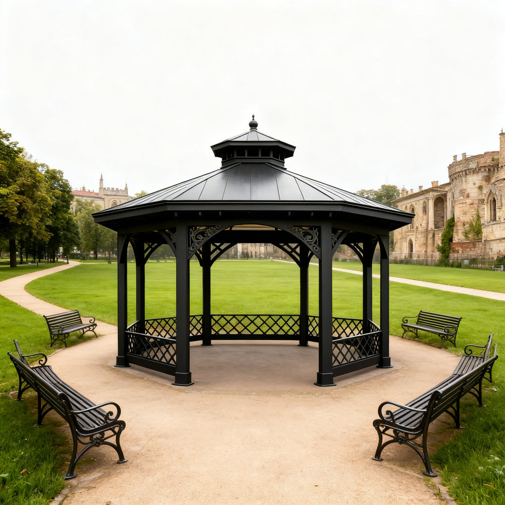 Octagon Two‑Tier Decorative Steel Gazebo with Scrollwork, Lattice Rail