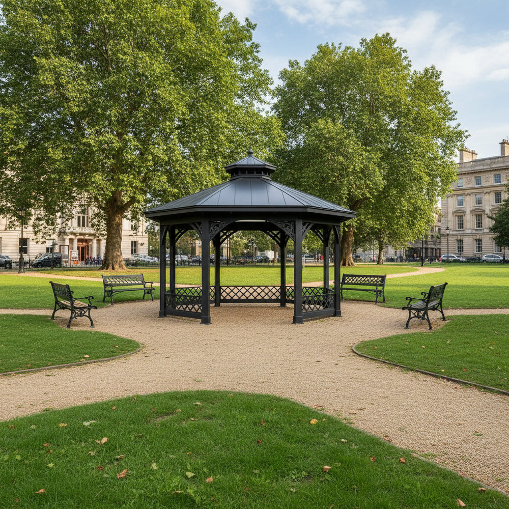 Octagon Two‑Tier Decorative Steel Gazebo with Scrollwork, Lattice Rail