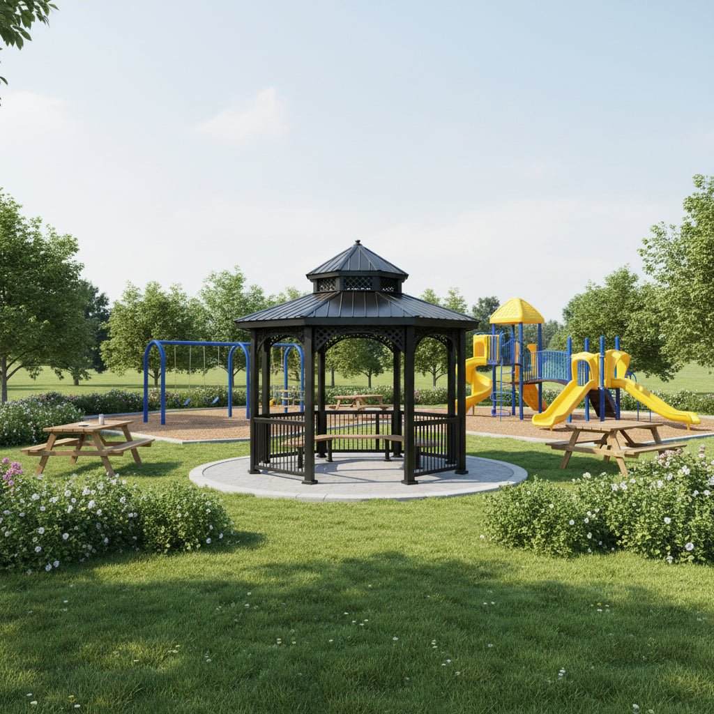Front view of ornamental hexagon gazebo featuring decorative metal scrollwork