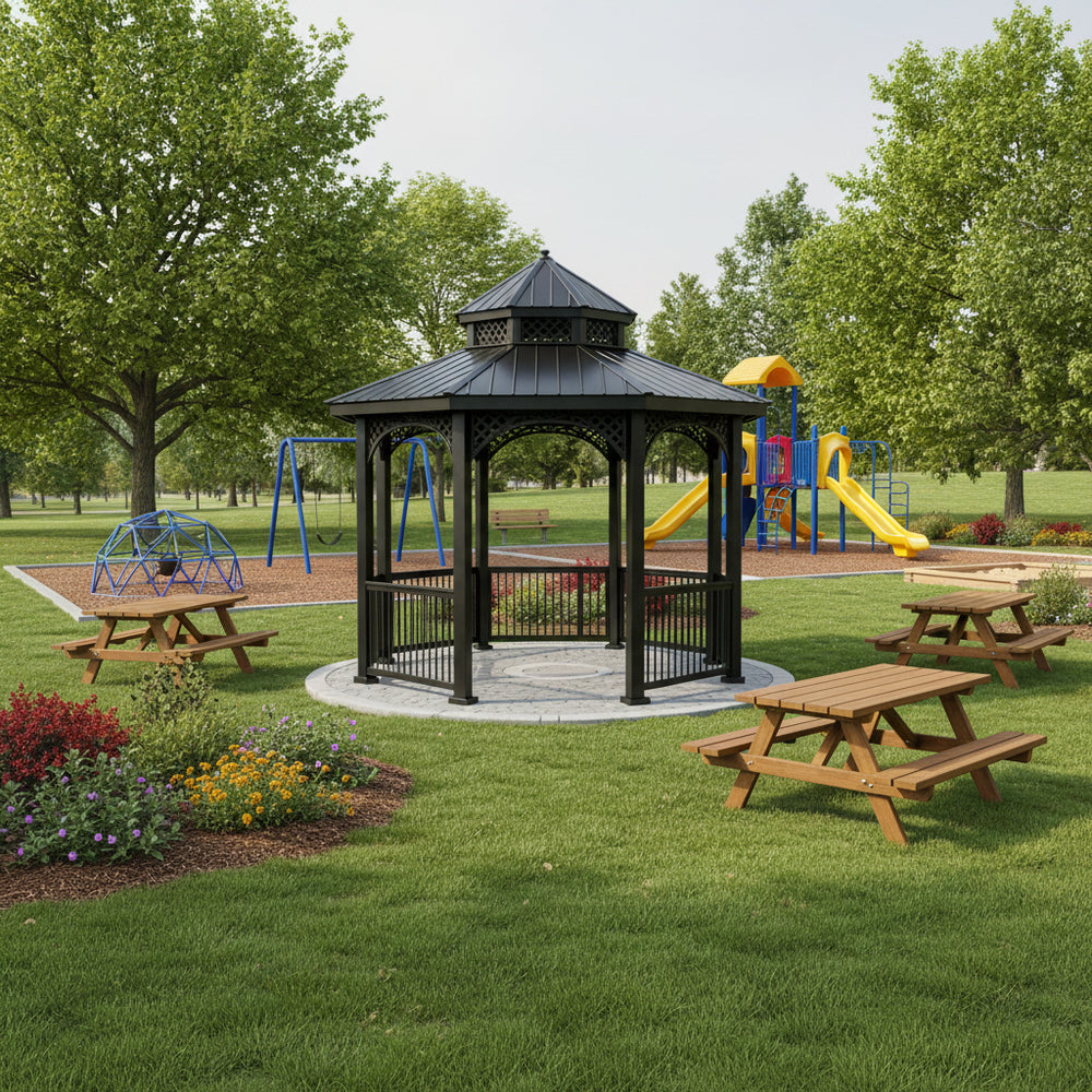 Octagon Two‑Tier Decorative Steel Gazebo with Lattice Railing & Finial