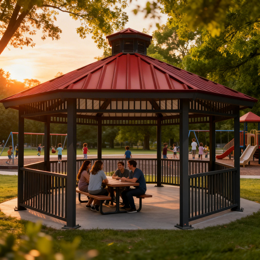 Front view of octagon one‑tier steel gazebo with black railings and red roof.