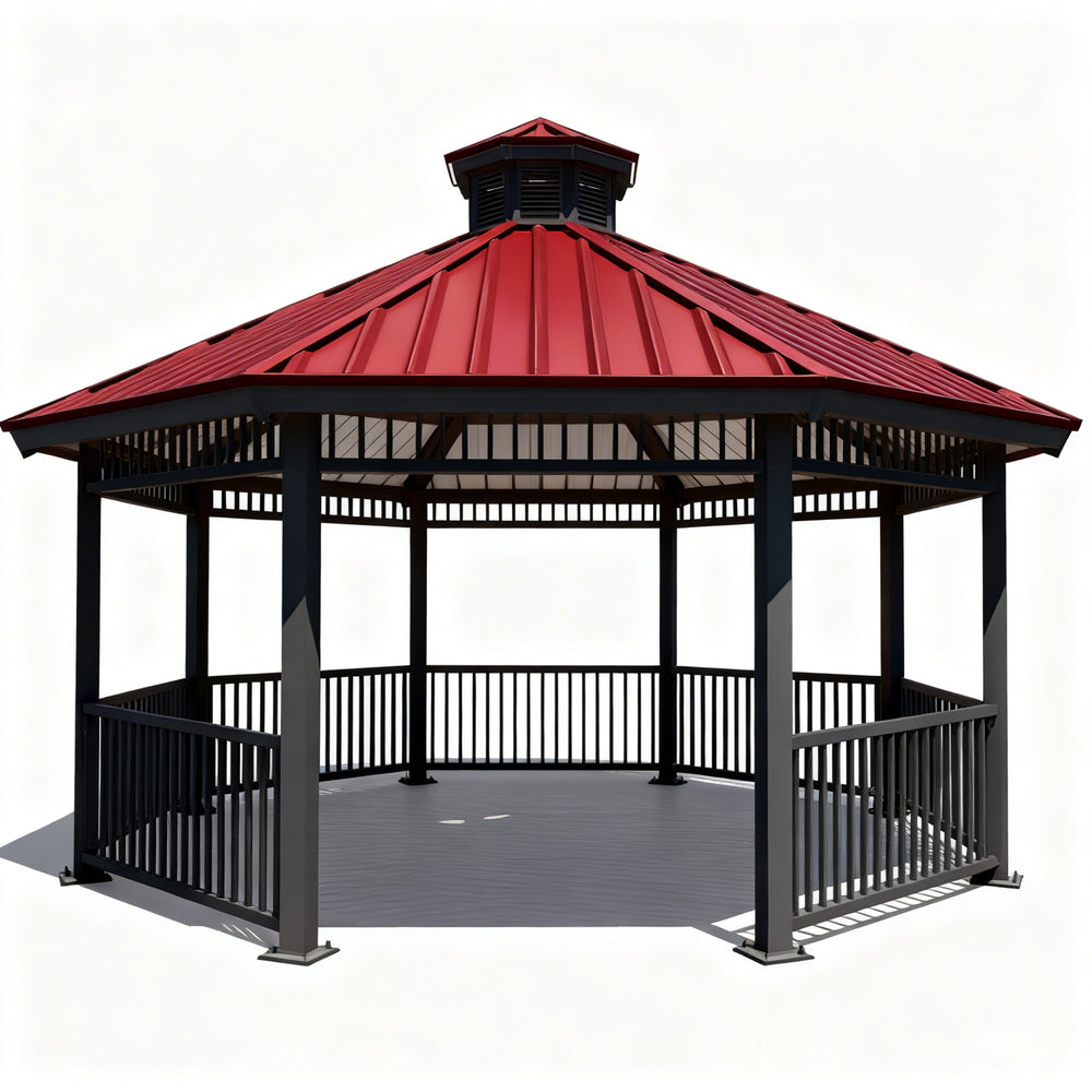 Octagon steel gazebo with red metal roof and decorative cap on open platform