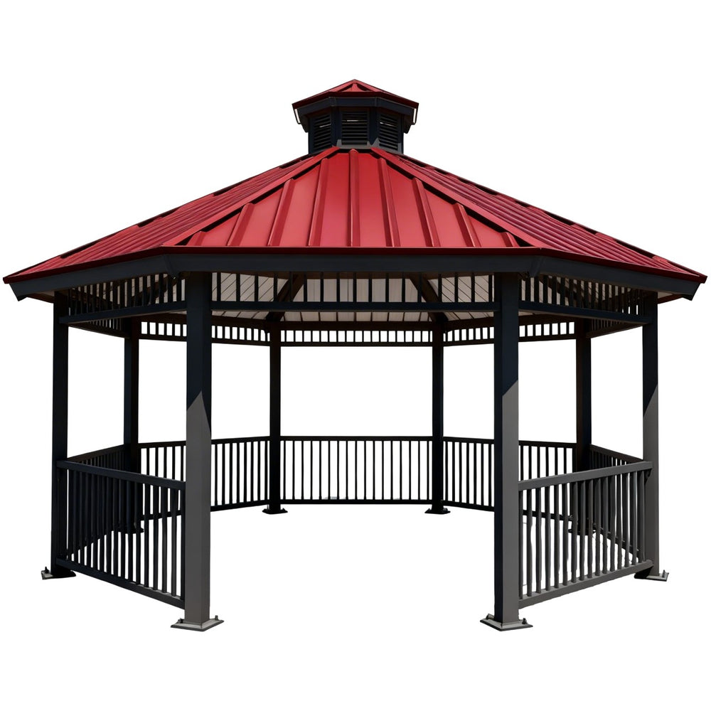 Top‑down angle of octagon gazebo highlighting roof cap and geometric layout
