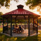 Full product view of octagon steel gazebo with red roof and black railing system