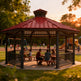 Three‑quarter view of octagon metal gazebo with open‑air railing design