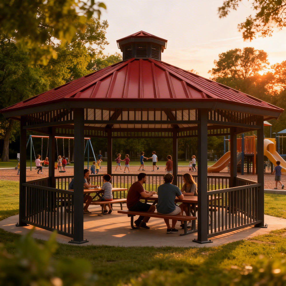Three‑quarter view of octagon metal gazebo with open‑air railing design