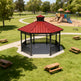 Outdoor architectural gazebo with red roof and octagonal steel frame