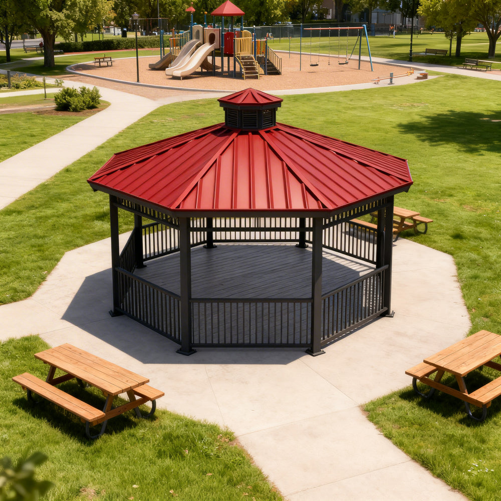 Octagon one‑tier steel gazebo photographed on light‑colored surface.