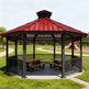 Hexagonal gazebo with a red roof in a park setting