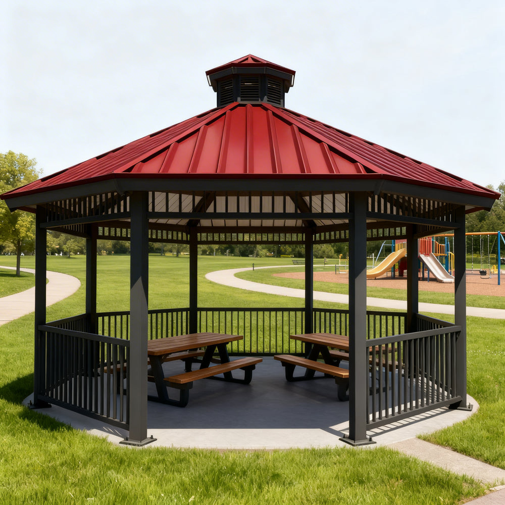 Hexagonal gazebo with a red roof in a park setting