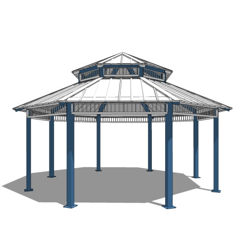 Octagon two‑tier steel gazebo photographed on light‑colored surface.