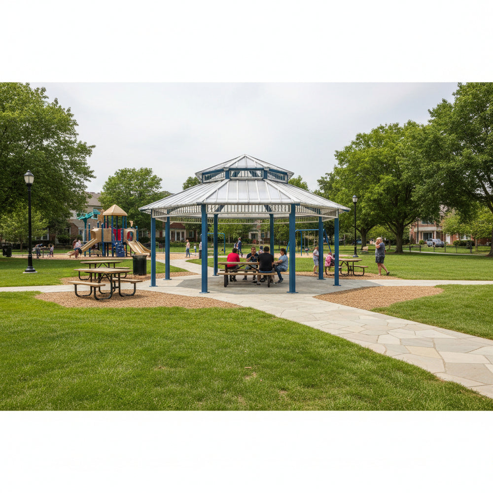 Octagon two‑tier steel gazebo with red metal roof and blue support columns