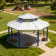 Side angle of octagon metal gazebo with raised roof cap and open‑air layout