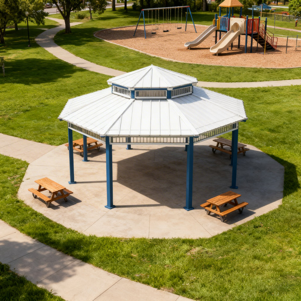 Hexagonal gazebo with picnic tables in a park setting