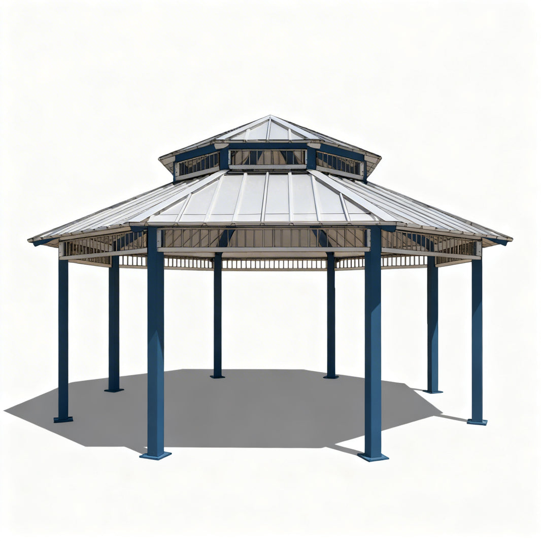 Octagon two‑tier steel gazebo with red metal roof and blue support columns