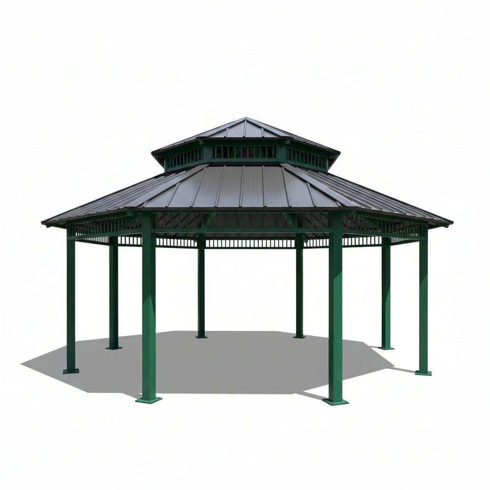 Front view of octagon steel gazebo featuring vented two‑tier roof design