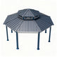 Hexagonal gazebo with a slanted roof on a white background