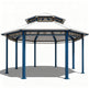 Blue and white gazebo with decorative roof on a white background