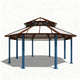 Hexagonal gazebo with brown roof and blue pillars on a white background
