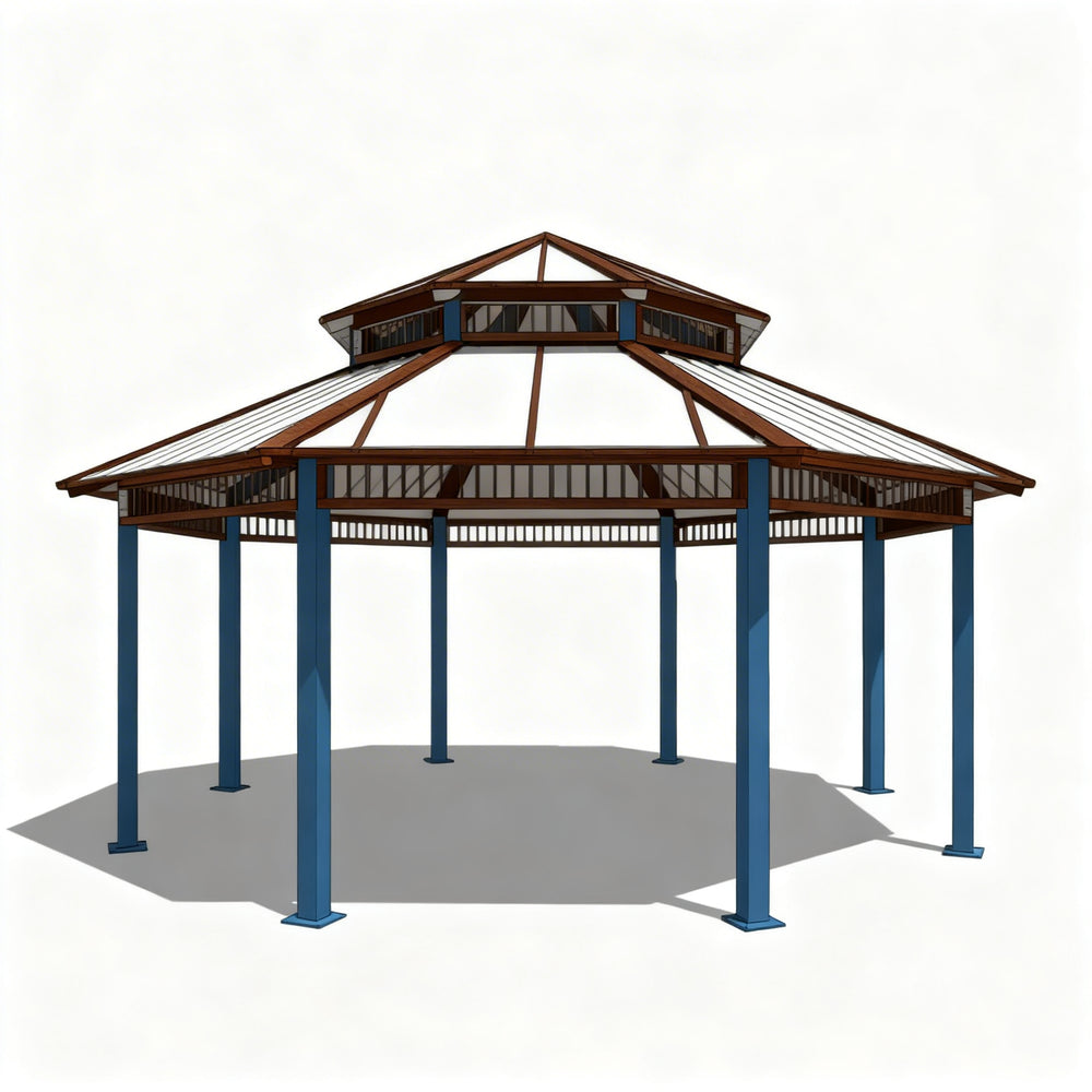 Hexagonal gazebo with brown roof and blue pillars on a white background