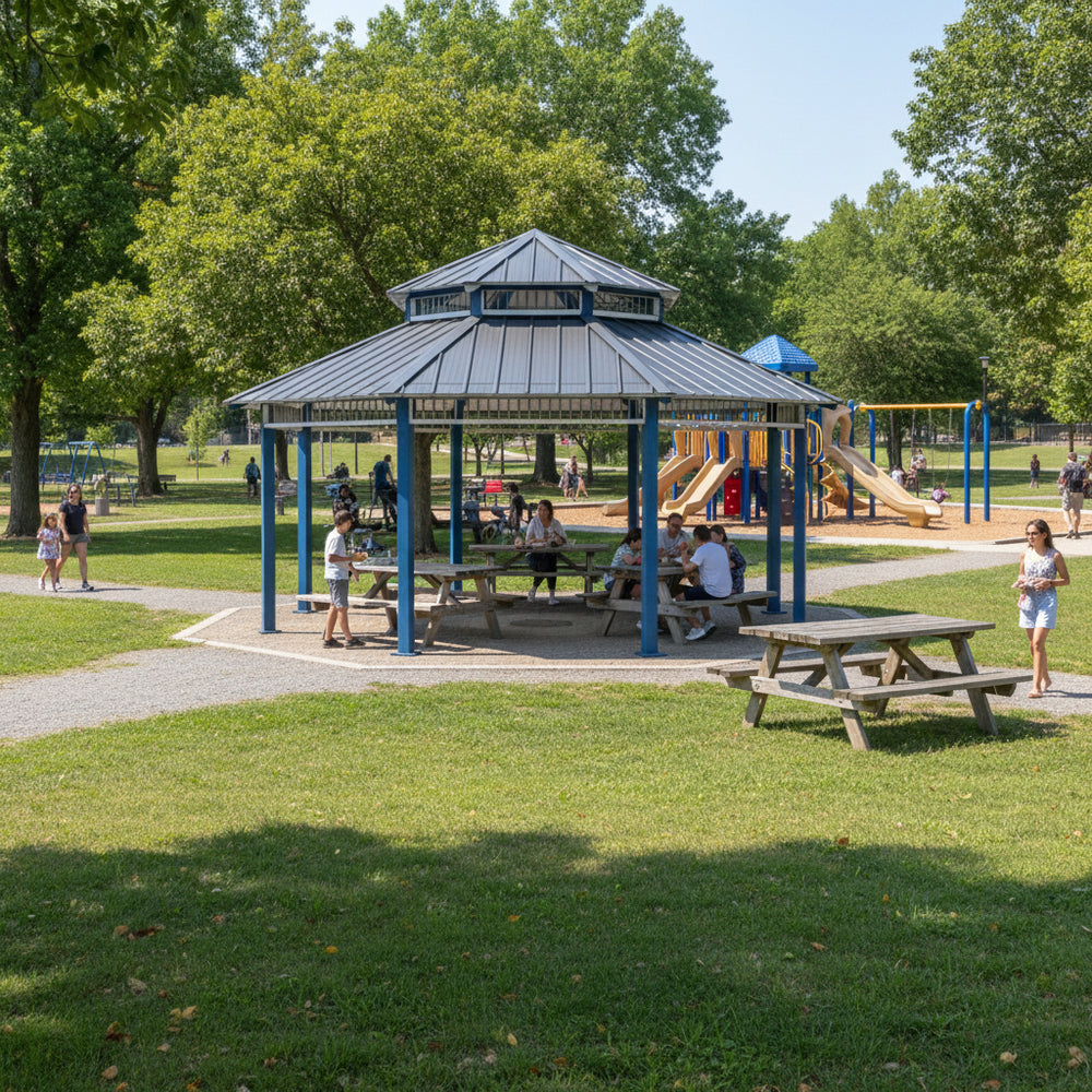 Side angle of octagon metal gazebo with raised roof cap and open‑air layout.