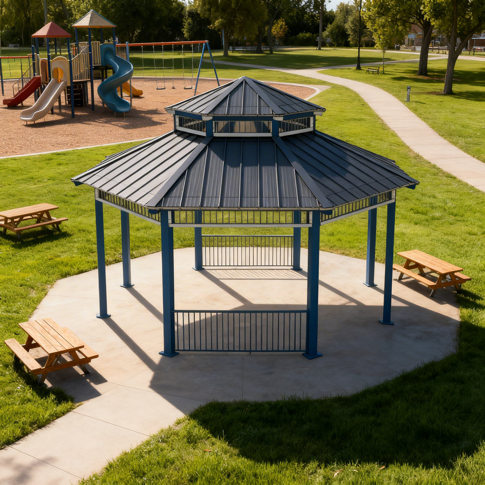 Close‑up of two‑tier steel roof and vertical support posts on octagon gazebo.