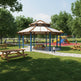 Outdoor architectural gazebo with red metal roof and octagonal steel frame.