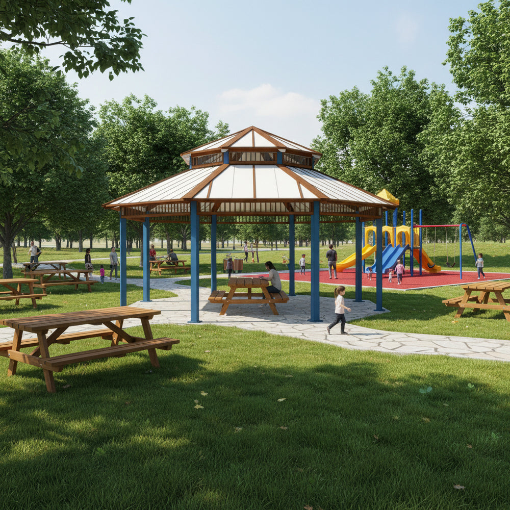 Outdoor architectural gazebo with red metal roof and octagonal steel frame.